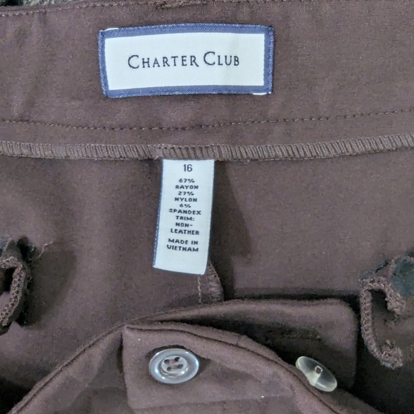 Charter Club Women's Pants Size 16 Brown Dress Pants‎ with Faux Leather Trim - Picture 2 of 7